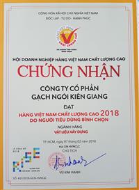 Gạch Tuynel Kiên Giang tiếp tục được chứng nhận hàng Việt Nam chất lượng cao năm 2018 do người tiêu dùng bình chọn